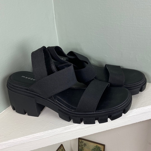 Steve Madden Harly Black Chunky Heel Sandals Elastic Strappy 9 M Lug Sole - Picture 2 of 11